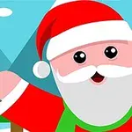Kreslený obrázek usmívajícího se Santy Clause mávajícího v zasněžené krajině s horami a stromy