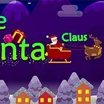 Nápis Save Santa Claus s kresleným obrázkem Santa Clause na saních tažených sobem, obklopený dárky na fialovém pozadí s domečky a stromy