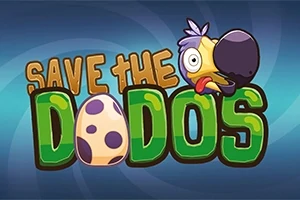 Nápis Save the Dodos na modrém pozadí s ilustrací ptáka a vajíčka místo písmene O