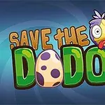 Nápis Save the Dodos na modrém pozadí s ilustrací ptáka a vajíčka místo písmene O