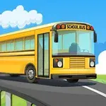Žlutý školní autobus jedoucí po silnici na pozadí modré oblohy s obláčky