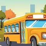 Žlutý školní autobus jedoucí po silnici s barevnými stromy a městskými budovami v pozadí