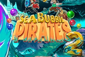Název Sea Bubble Pirates 2 s piráty a barevnými bublinami na pozadí mořské scenérie