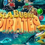 Název Sea Bubble Pirates 2 s piráty a barevnými bublinami na pozadí mořské scenérie