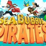 Dva kreslení piráti s papouškem a pokladem běží nad nápisem Sea Bubble Pirates s barevnými bublinami kolem