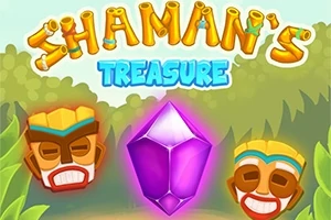 Název Shamans Treasure s obrazem fialového krystalu a dvou šamanských masek na tropickém pozadí