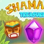 Název Shamans Treasure s obrazem fialového krystalu a dvou šamanských masek na tropickém pozadí