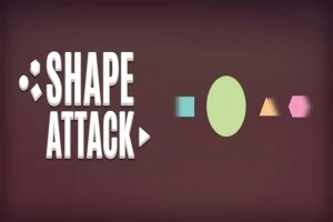 Text SHAPE ATTACK vedle různobarevných geometrických tvarů na hnědém pozadí