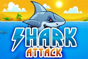 Žralok vyčnívající z vody s nápisem SHARK ATTACK na pozadí slunečného nebe a moře