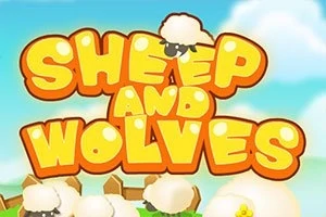Název Sheep and Wolves napsaný žlutě s kreslenými ovečkami na modré obloze