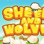 Název Sheep and Wolves napsaný žlutě s kreslenými ovečkami na modré obloze