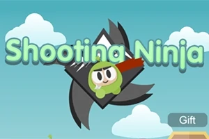 Kreslený ninja v zeleném obleku s červenou čelenkou letící před horou na pozadí, s nápisem „Shooting Ninja“ nahoře