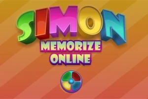Barevný nápis SIMON MEMORIZE ONLINE na oranžovo-žlutém pruhovaném pozadí s kruhovým symbolem ve spodní části