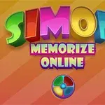 Barevný nápis SIMON MEMORIZE ONLINE na oranžovo-žlutém pruhovaném pozadí s kruhovým symbolem ve spodní části