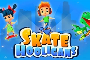 Děti na skateboardech a dinosaurus na modrém pozadí s nápisem Skate Hooligans