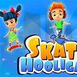 Děti na skateboardech a dinosaurus na modrém pozadí s nápisem Skate Hooligans