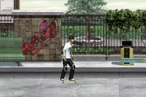 Muž na skateboardu na městské ulici s graffiti a lavičkami v pozadí