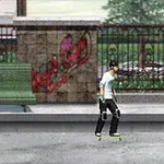 Muž na skateboardu na městské ulici s graffiti a lavičkami v pozadí