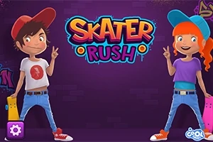 Dva kreslení skateboardisté, kluk a holka, stojí na fialovém pozadí vedle nápisu SKATER RUSH