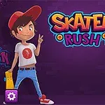 Dva kreslení skateboardisté, kluk a holka, stojí na fialovém pozadí vedle nápisu SKATER RUSH