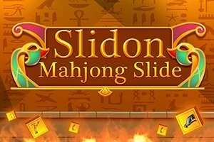 Barevný nápis Slidon Mahjong Slide na pozadí s egyptskými hieroglyfy a padajícími dlaždicemi