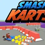 Kreslené postavičky závodí v motokárách na trati s barevnými bariérami