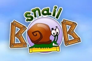 Šnek s hnědou ulitou a nápis snail bob na modrém pozadí