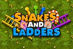 Název hry Snakes and Ladders s obrázkem dvou postav a hadem na zeleném pozadí s kostkami na žebřících