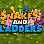 Název hry Snakes and Ladders s obrázkem dvou postav a hadem na zeleném pozadí s kostkami na žebřících