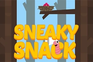 Velké žluté písmo SNEAKY SNACK s červem a hnízdem s ptáčkem na větvi v pozadí