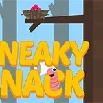 Velké žluté písmo SNEAKY SNACK s červem a hnízdem s ptáčkem na větvi v pozadí