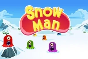 Barevné mimozemské postavičky s jedním okem na zasněžené krajině s nápisem Snow Man nahoře