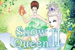 Dvě ženské postavy v pohádkovém stylu na barevném pozadí s květinami, jedna drží ohnivou kouli, druhá má ledovou hůlku a korunu, nad nápisem Snow Queen II