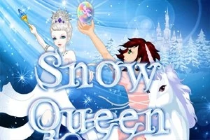 Dvě postavy, královna v bílé s korunou a postava na koni, drží kouli na pozadí zasněženého lesa s hradem a nápisem Snow Queen
