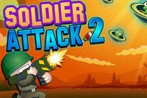 Voják s přilbou střílí na mimozemské lodě na oranžovém pozadí s nápisem Soldier Attack 2