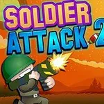 Voják s přilbou střílí na mimozemské lodě na oranžovém pozadí s nápisem Soldier Attack 2