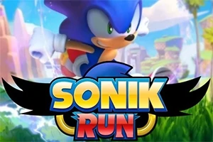 Modrý ježek běžící v animované krajině s barevným logem SONIK RUN v popředí