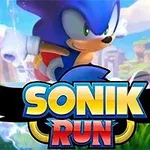 Modrý ježek běžící v animované krajině s barevným logem SONIK RUN v popředí