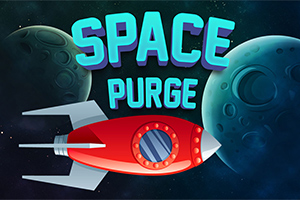 Červená vesmírná loď letící mezi dvěma planetami s nápisem SPACE PURGE na hvězdném pozadí