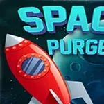 Červená vesmírná loď letící mezi dvěma planetami s nápisem SPACE PURGE na hvězdném pozadí