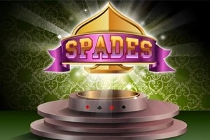 Zlatý erb s fialovým nápisem SPADES na podstavci s herními karetními symboly na zeleném zdobeném pozadí