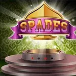 Zlatý erb s fialovým nápisem SPADES na podstavci s herními karetními symboly na zeleném zdobeném pozadí