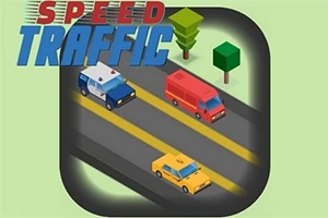 Izometrický pohled na silnici se třemi vozidly různé barvy a stylizovanými stromy, s nápisem Speed Traffic nahoře