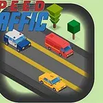 Izometrický pohled na silnici se třemi vozidly různé barvy a stylizovanými stromy, s nápisem Speed Traffic nahoře
