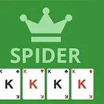 Zelené pozadí s nápisem SPIDER pod stylizovanou korunou a čtyřmi karetními králi vedle sebe