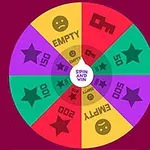 Barevné kolo s různými symboly a nápisy jako hvězdy, klíče a usmívající se tváře, rozdělené na více sekcí s nápisem SPIN AND WIN uprostřed