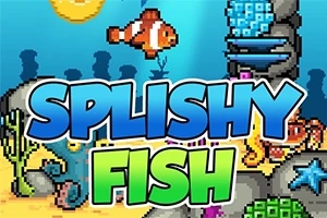 Barevná pixelová scéna podmořského světa s rybou a nápisem Splishy Fish uprostřed