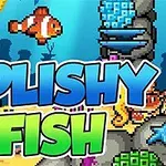 Barevná pixelová scéna podmořského světa s rybou a nápisem Splishy Fish uprostřed