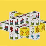 Kostky s různými symboly jako hvězdy, lebky, lektvary a čísla na žlutém pozadí