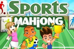 Tři kreslené postavy na sportovním hřišti, jedna drží golfovou hole, druhá fotbalový míč a třetí zlatý pohár, s nápisem Sports Mahjong nad nimi